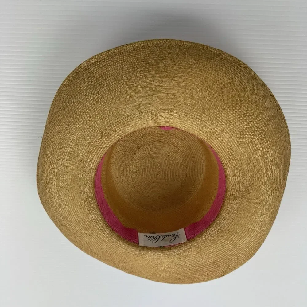 Vintage Frank Olive Straw Wide Brim Hat Floral Brooch Tan